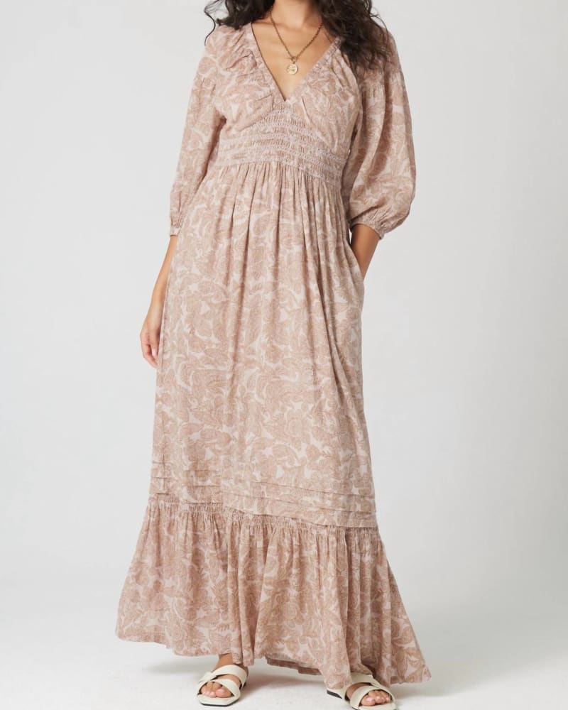 Front of a model wearing a size L Octavia Dress In Sandstone in Sandstone by BILA77. | dia_product_style_image_id:347763